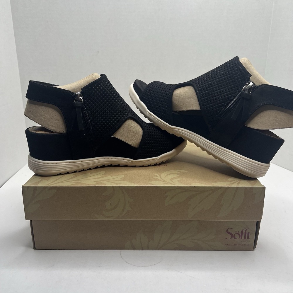 Sofft Shandi Women 8.5 M Black Perforated Suede Wedge Sandals SF0044321 NIB